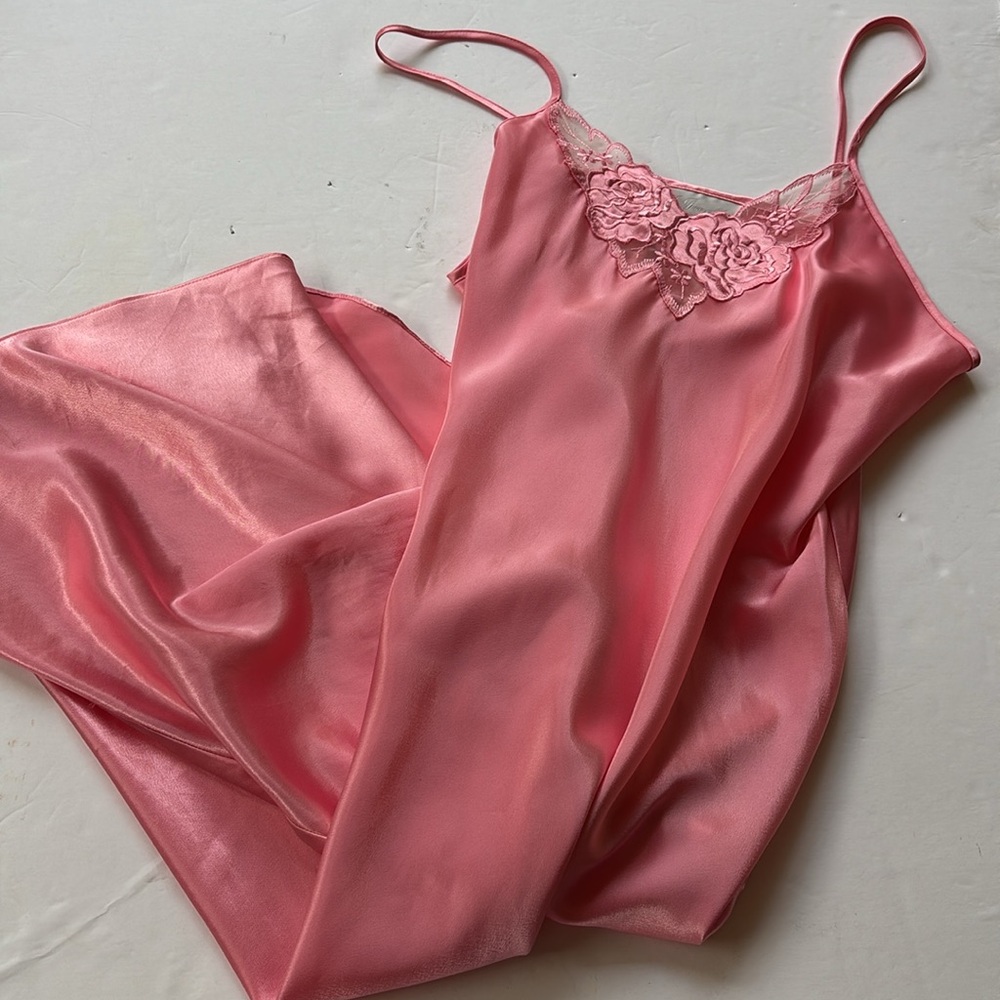 Vintage 90s Slip Dress Barbie Pink Girly Coquette Midi Lace Floral Medium 80’s M - Picture 3 of 17